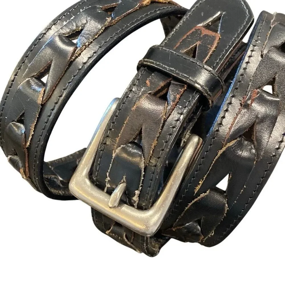 Vintage Western Black Cut-Out Leather Belt Chevron Pierced Design Women’s XL